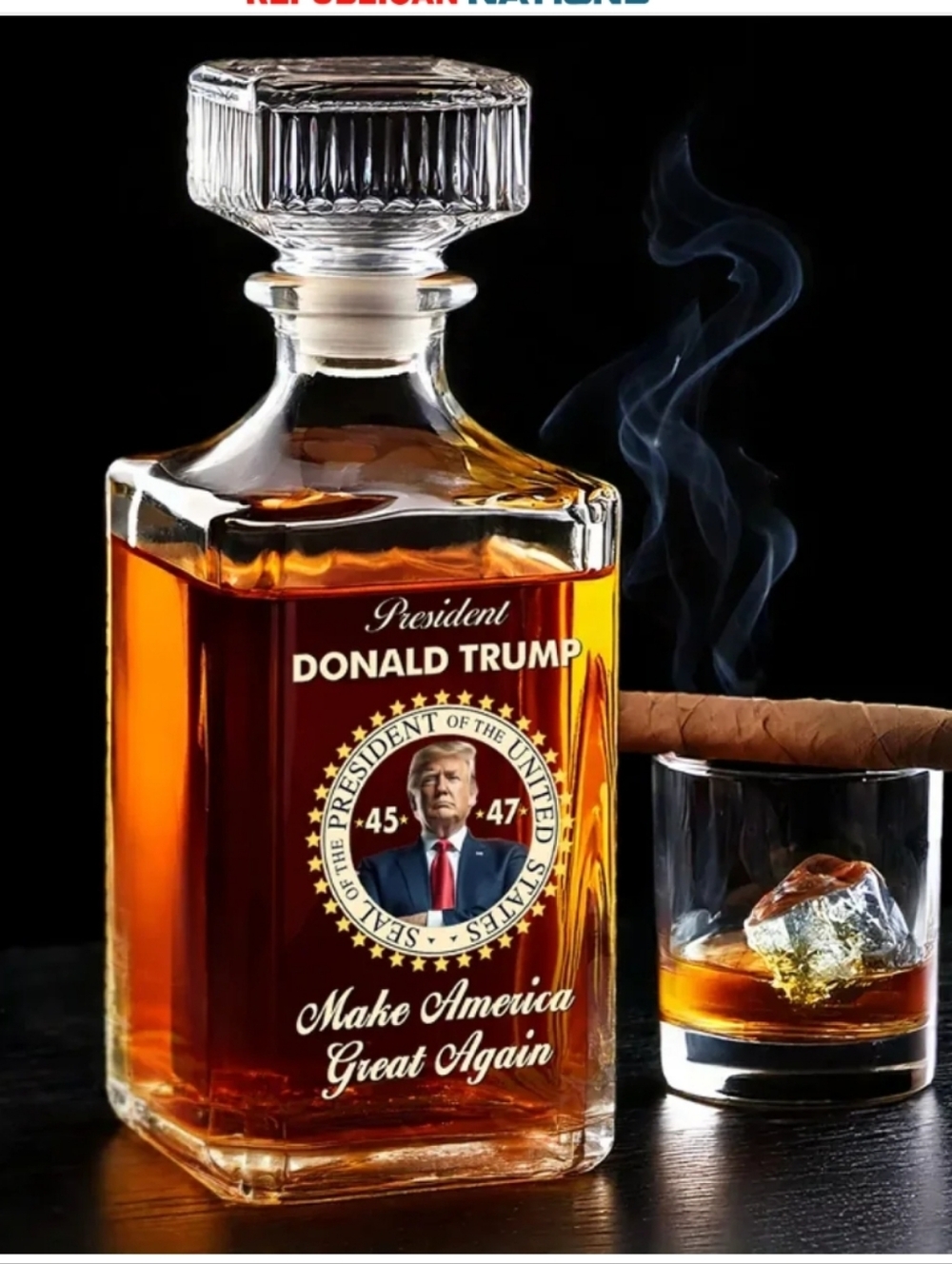 DJT President 45/47 Clear Glass Whiskey Decanter - 26oz Clear Crystal Bottle - Picture 1 of 4